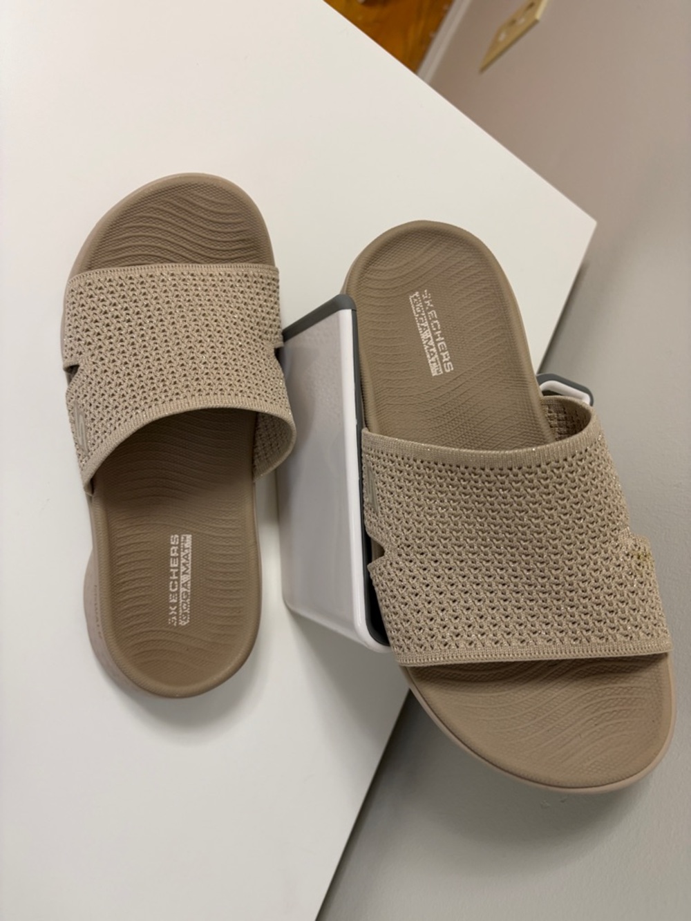 Skechers Women's Beige Knit Slide Sandals